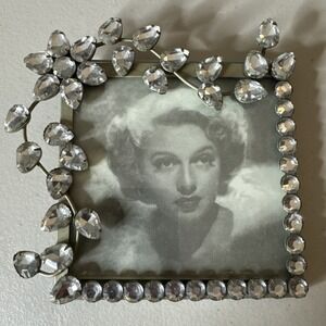 Jeweled Picture Metal Easel Back Frame 3.5"x3.5" Rhinestones Silver tone